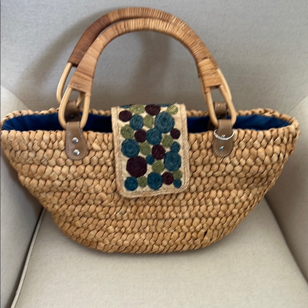 Anthropologie Tan and Blue Shoulder Bag with Woven Design